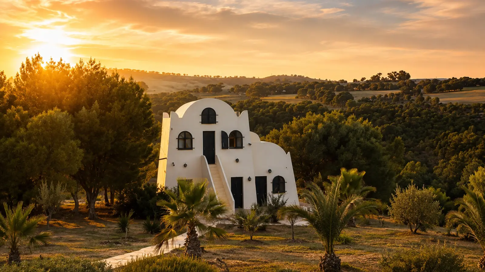 Ksar Ezzit Organic Estate und seine Olivenhaine im goldenen Abendlicht